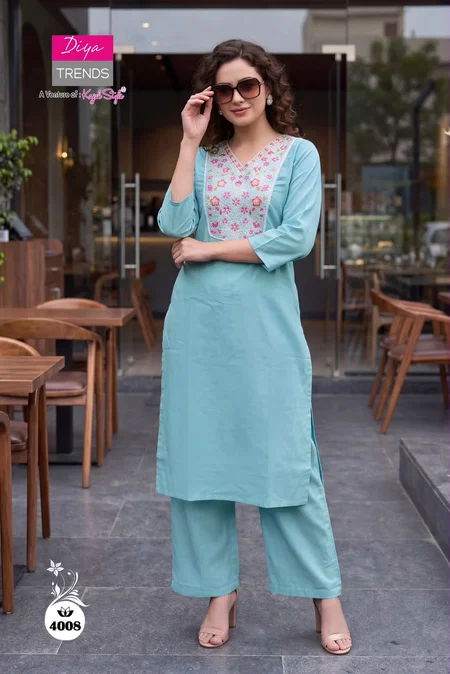 Sky Colour Diya Trends Dhabu Cotton Kurtis With Bottom 4008 